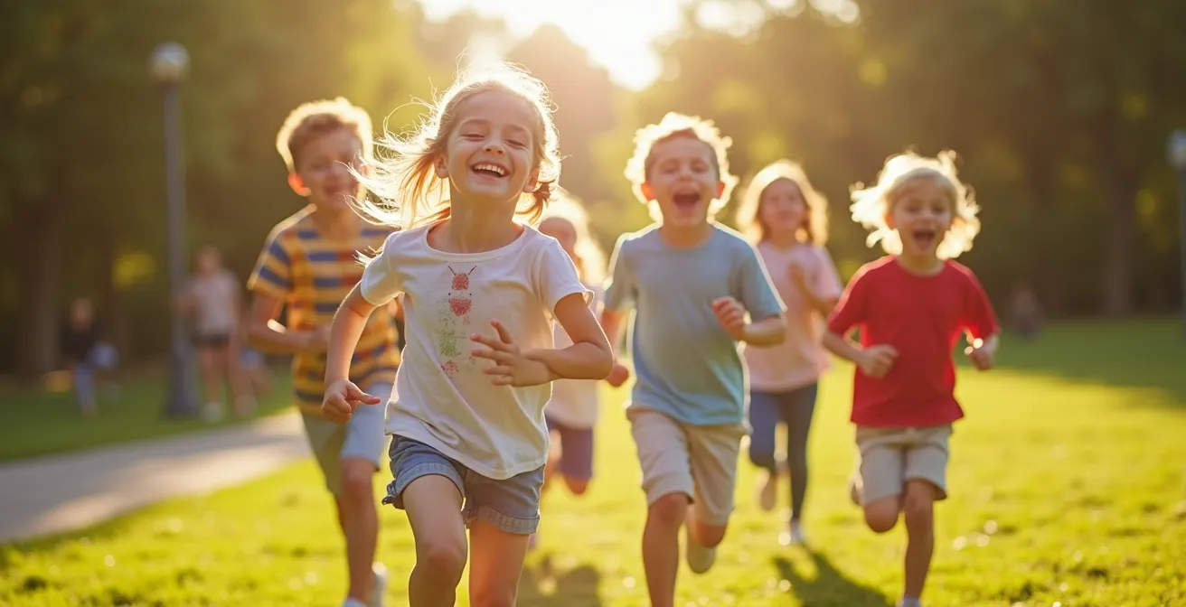Kinder beim aktiven Spiel, die gemeinsam rennen und lachen im Park