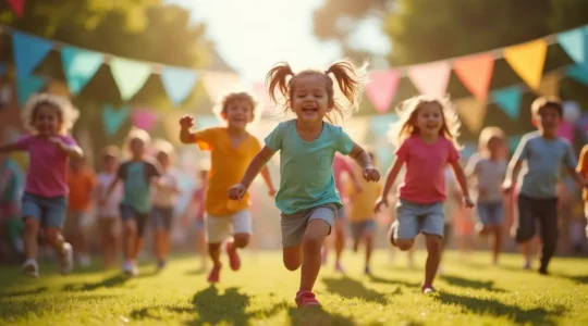 Kinder toben voller Freude im Freien bei einem actiongeladenen Kindergeburtstag mit buntem Dekor und bewegungsreichen Spielen