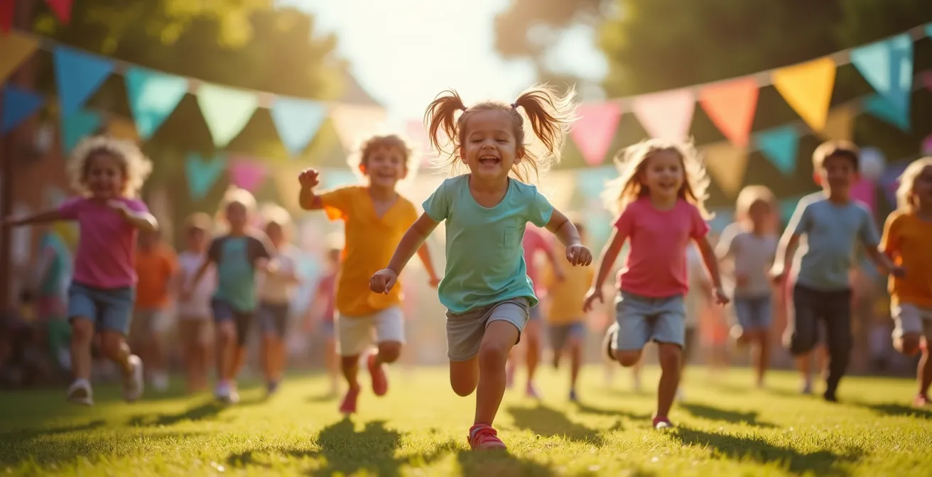 Kinder toben voller Freude im Freien bei einem actiongeladenen Kindergeburtstag mit buntem Dekor und bewegungsreichen Spielen