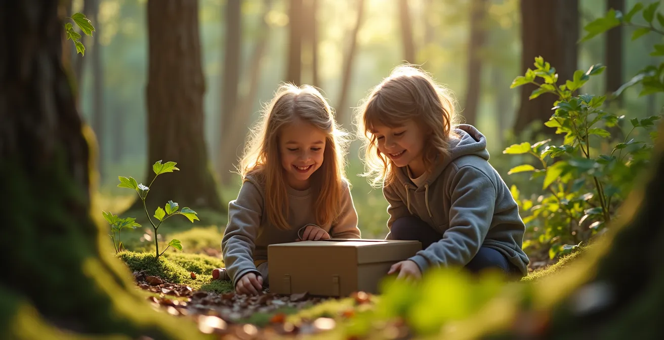 Kinder bei einer lebhaften Schatzsuche im Wald mit versteckten Hinweisen
