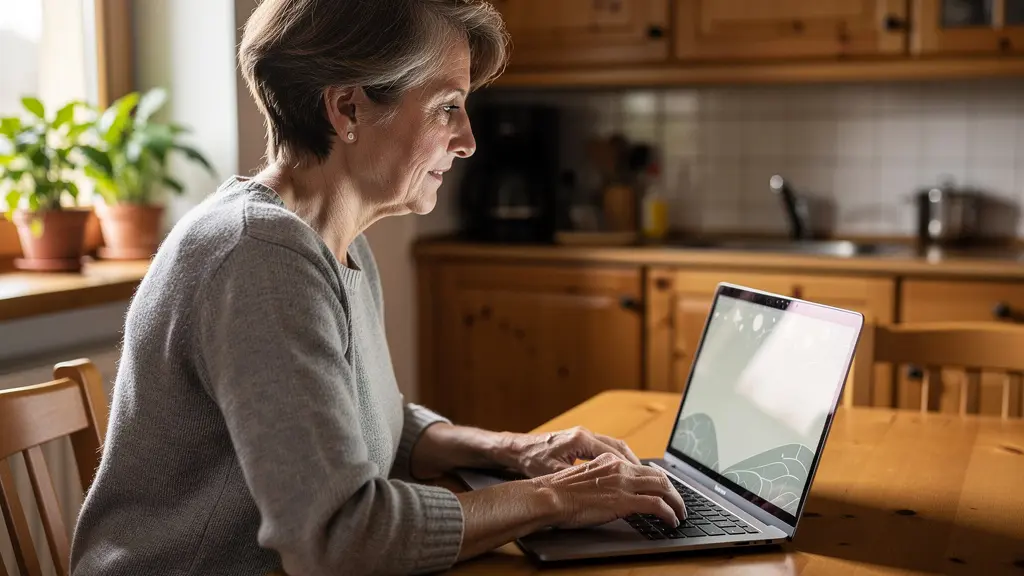 Eigentümerin nutzt Online-Immobilienbewertung am Laptop in gemütlicher Schweizer Wohnung