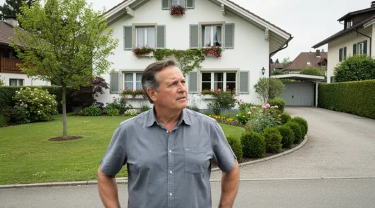 Eigentümer betrachtet nachdenklich sein Schweizer Einfamilienhaus vor Verkaufsentscheidung